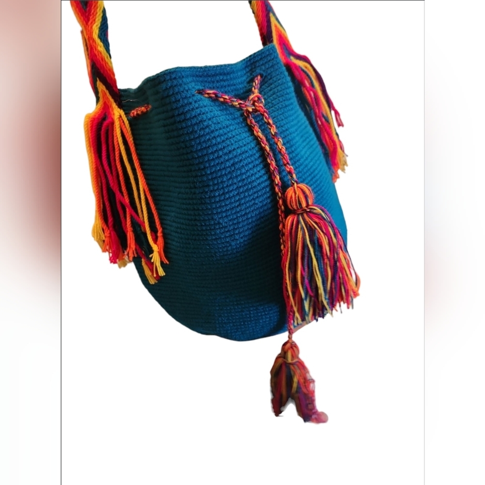 Wayuu Mochila Bag Hobo Large Handmade in Colombia Blue With Bright Colors